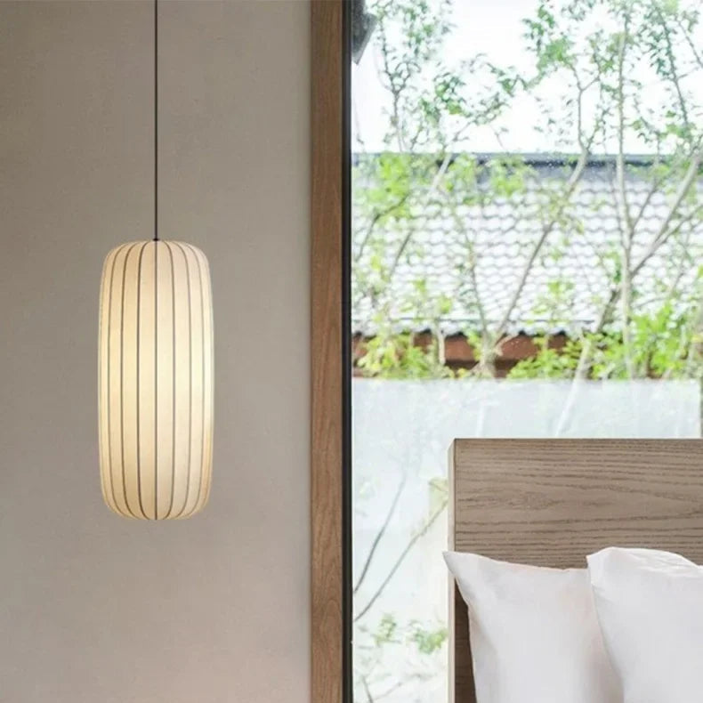 Tall cylindrical Nordic LED pendant light with silk lampshade, D24 × H50cm