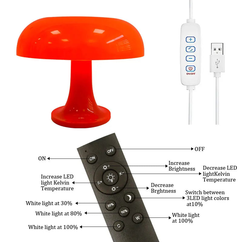 Red mushroom shaped lamp with remote control and USB cable on a white background