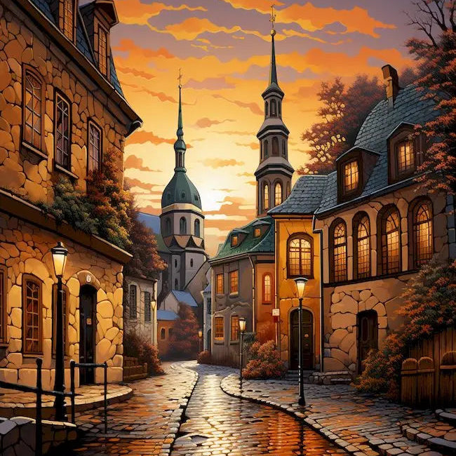 Warm sunset art of a cobblestone European street with historic architecture and glowing streetlamps.