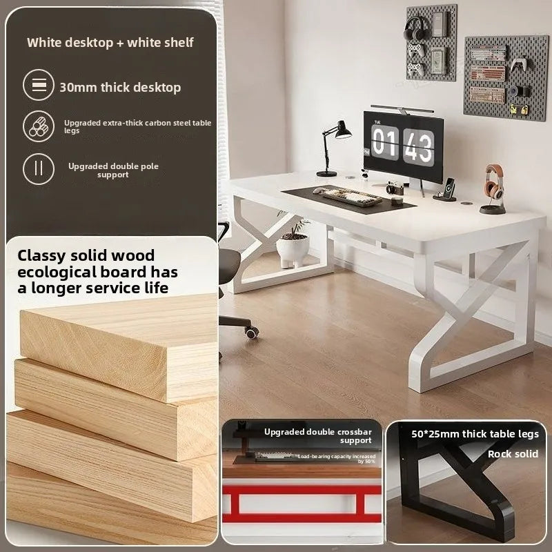 White office desk with computer setup in a room, featuring text on desk features.