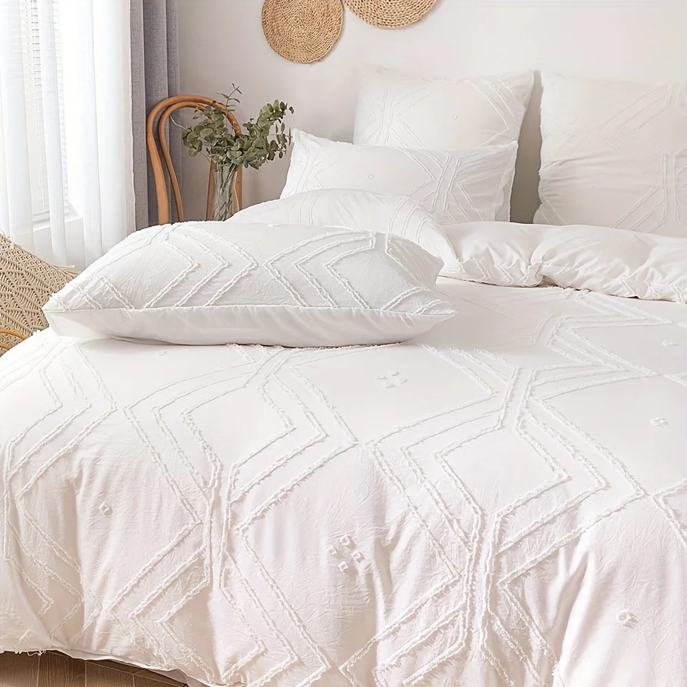White geometric duvet cover set in a minimalist bedroom interior