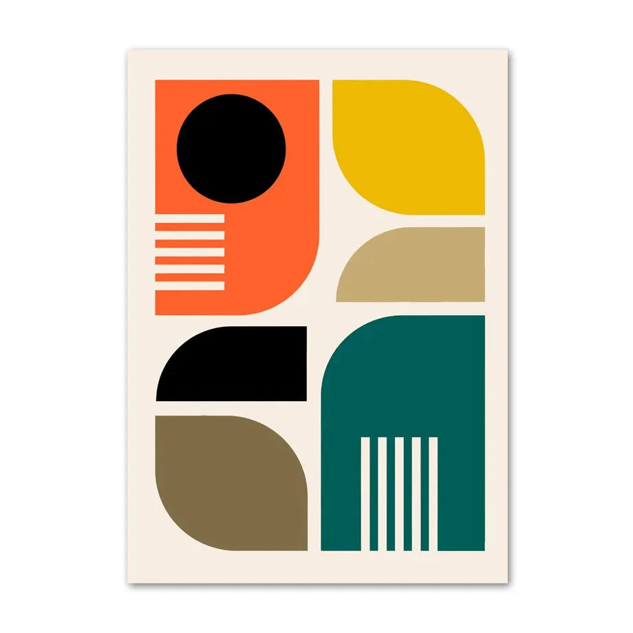 Colour block canvas print with bold geometric panels in orange, yellow, teal, black, and olive on a neutral background