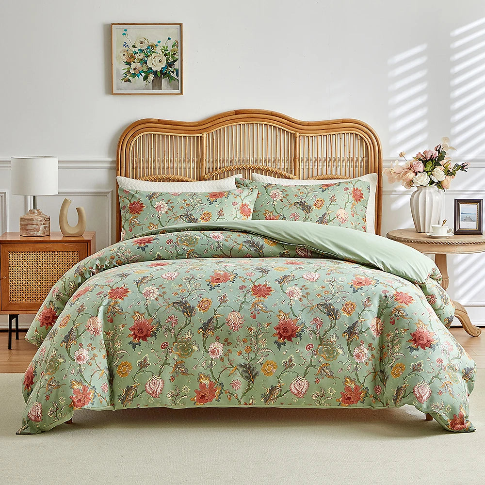 Sage green duvet cover set with vintage floral garden print and matching pillowcases