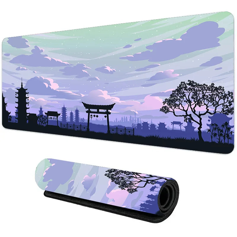 Extended mouse pad with purple twilight temple silhouette and starry sky, shown flat and rolled