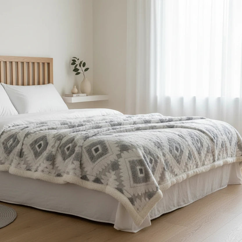 Silver grey and ivory jacquard polyester blanket arranged across a minimalist wooden bed.