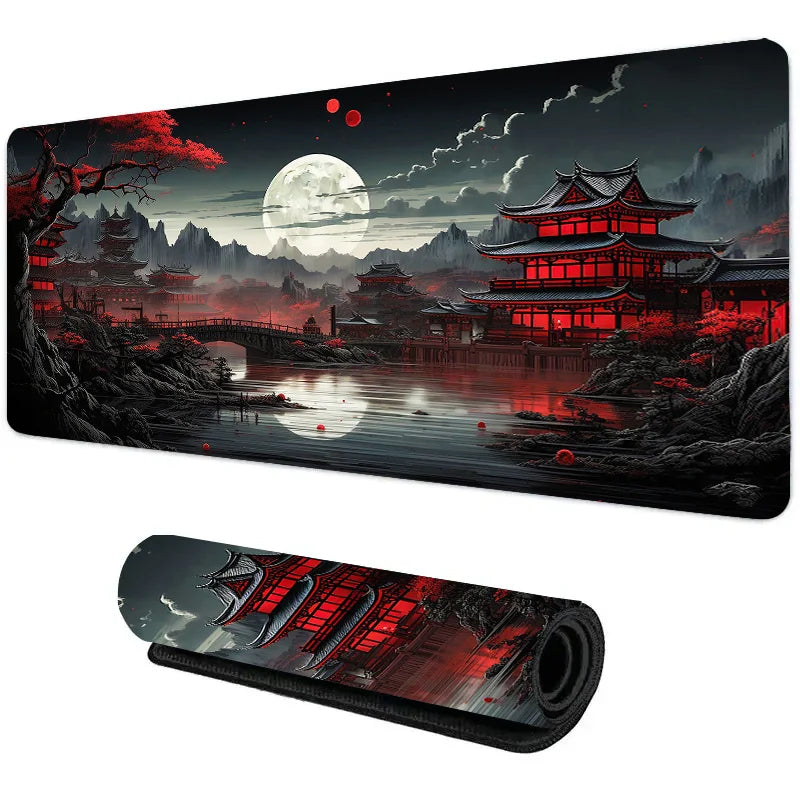 XL mouse pad with dark red and black Japanese temple scene under a full moon, shown flat and rolled