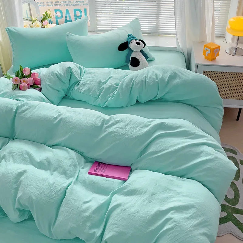 Aqua mint cotton bedding set with matching pillowcases and duvet cover