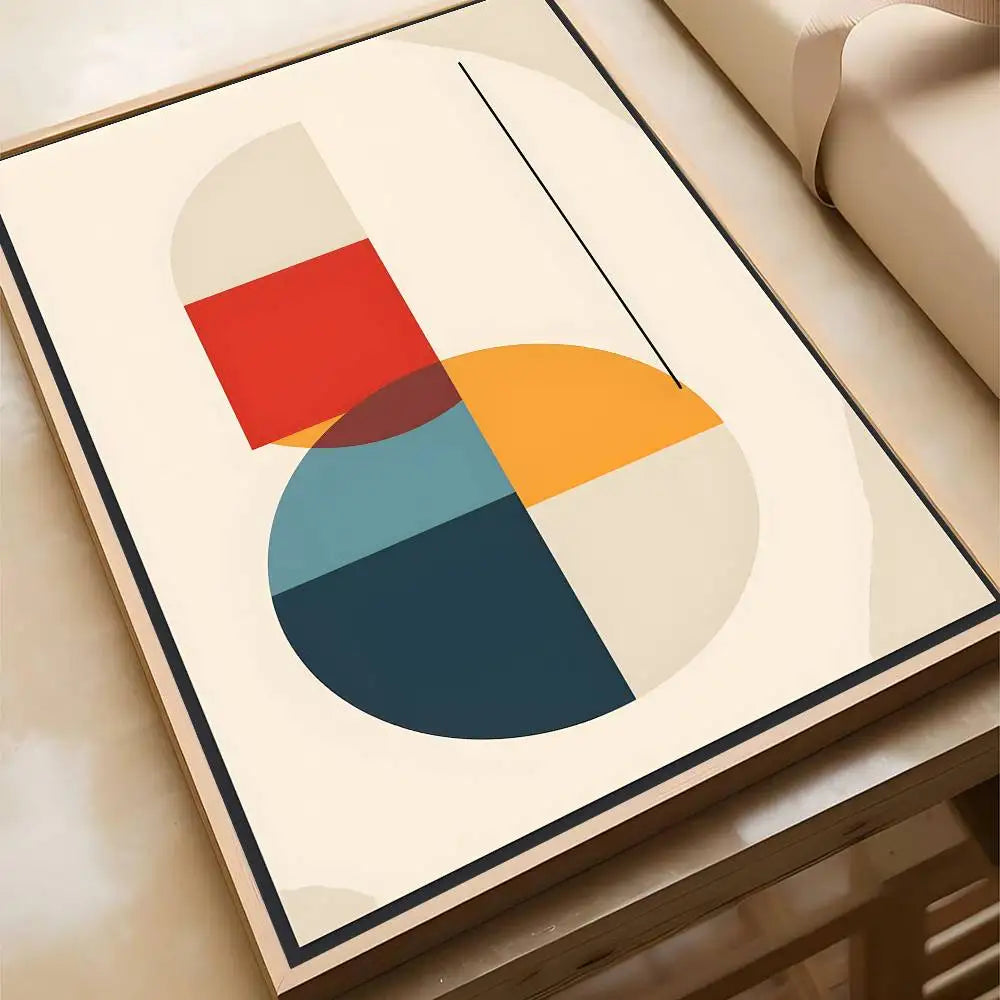 Mid-century abstract canvas print with layered red, orange, teal, and navy geometric shapes and a single black vertical line on a cream background, in a wood frame.