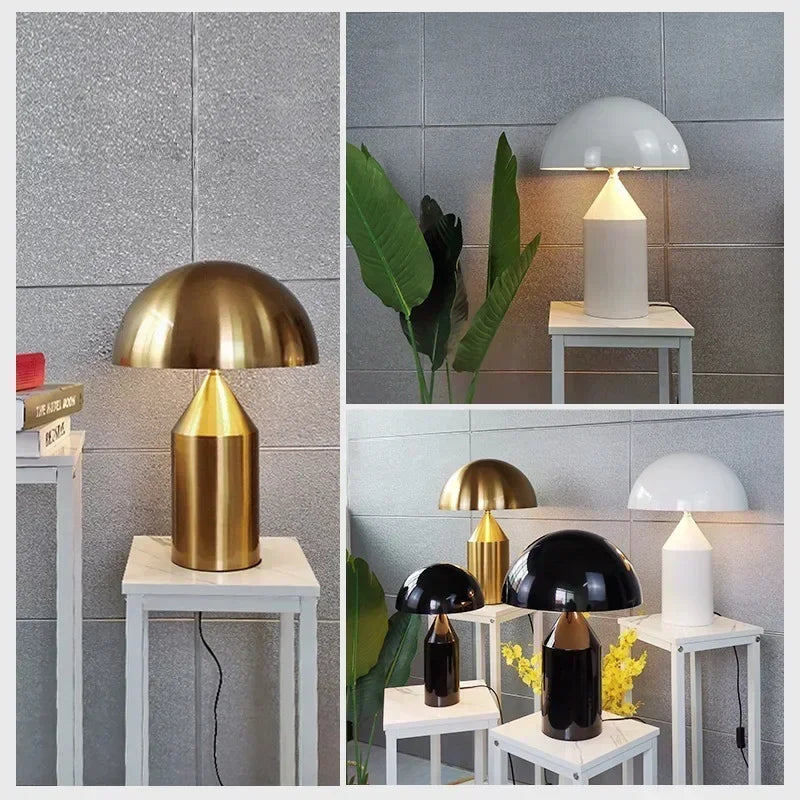 Collage of various table lamps in different colors on small tables with a neutral background.