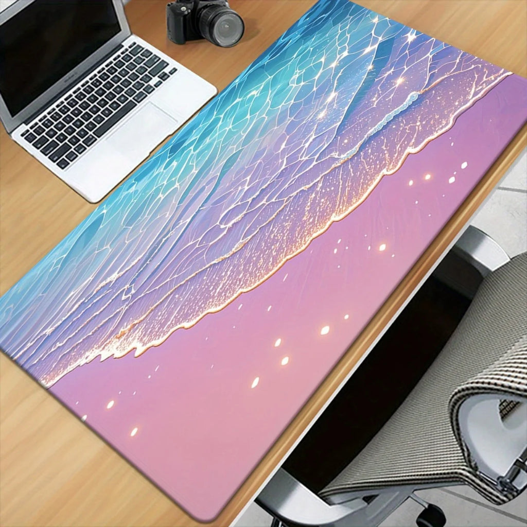 A desk setup with a large mouse pad featuring a colourful abstract wave design