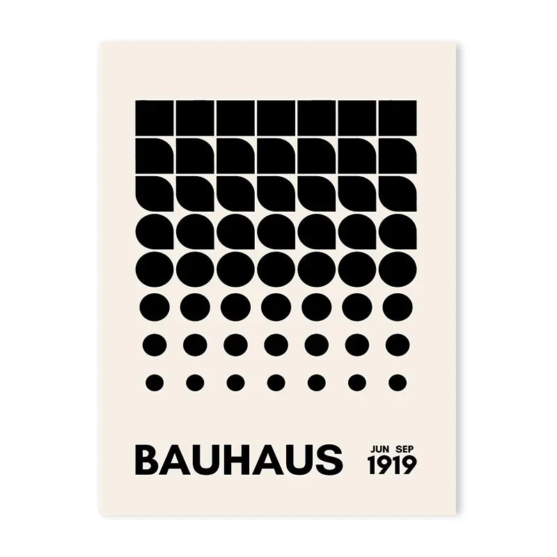 Black and white Bauhaus dot gradient print with geometric shape progression