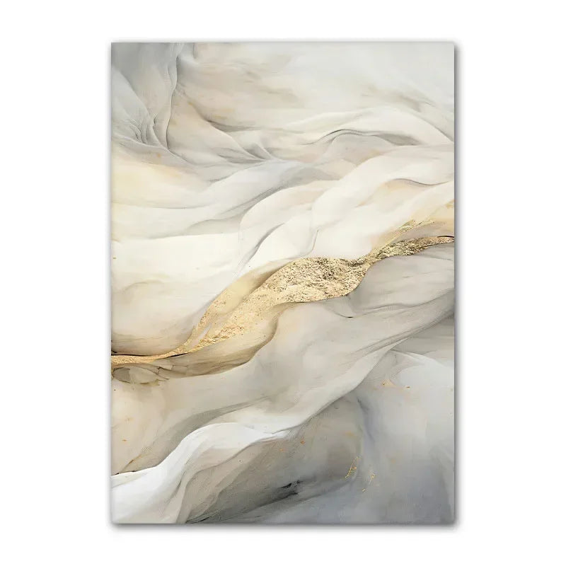 Minimalist abstract print featuring soft white waves and a prominent gold-veined centre.