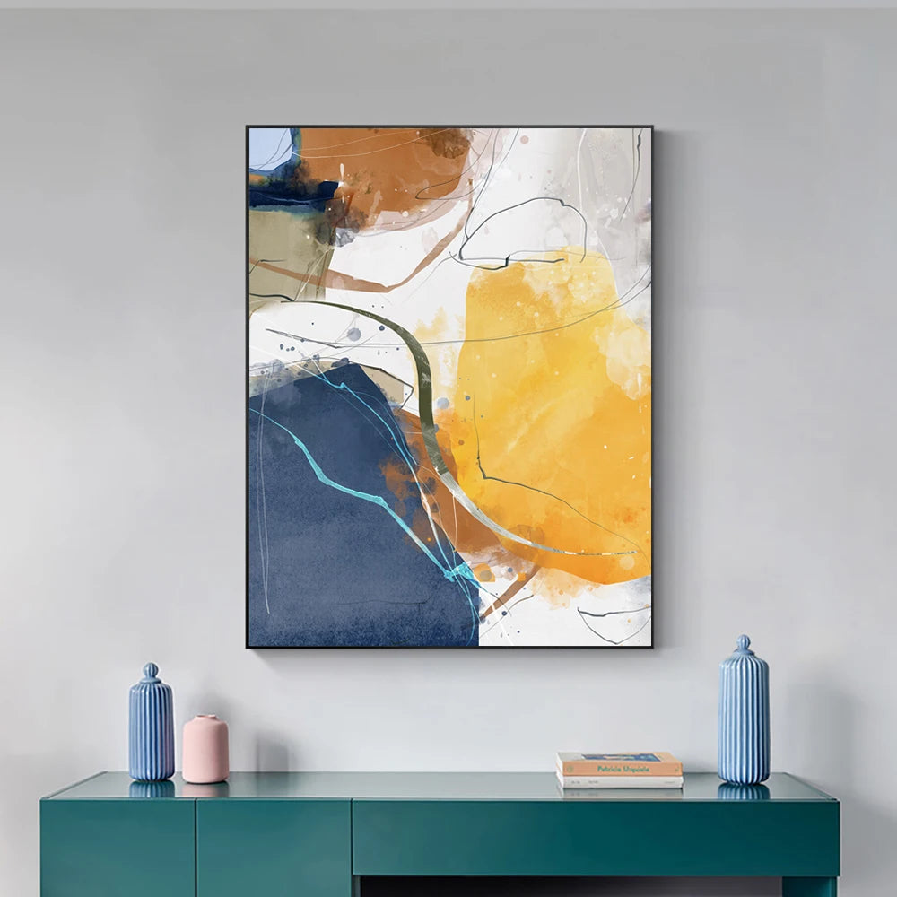 Abstract art piece on a grey wall above a teal console table with decorative items.