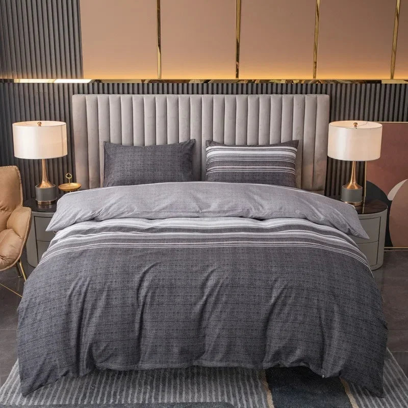 Grey bedding set with abstract black and beige brushstroke pattern