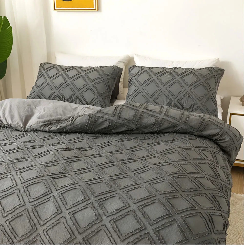 Charcoal grey textured geometric bedding set with matching pillowcases