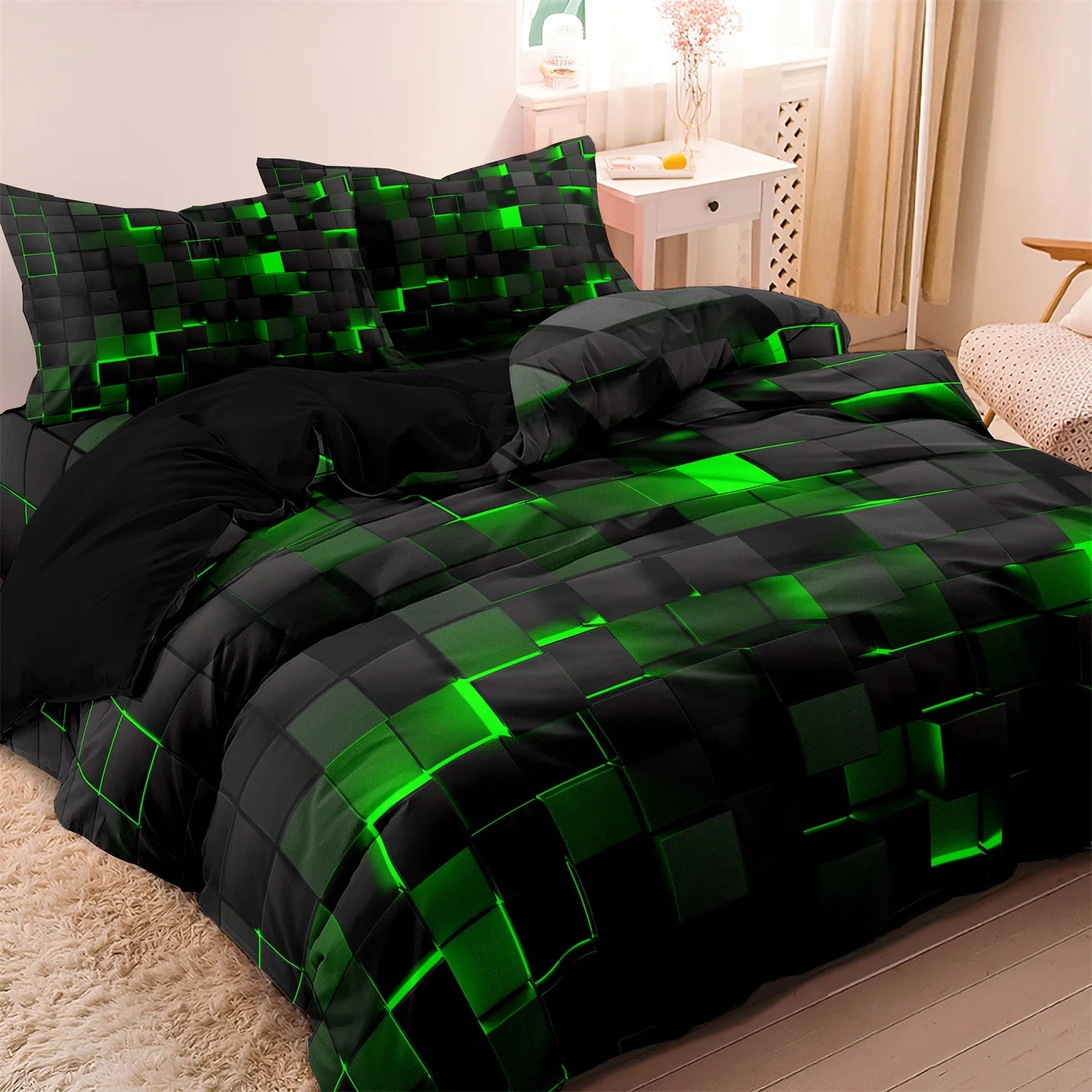 Black bedding set with green geometric block 3D print and matching pillowcases