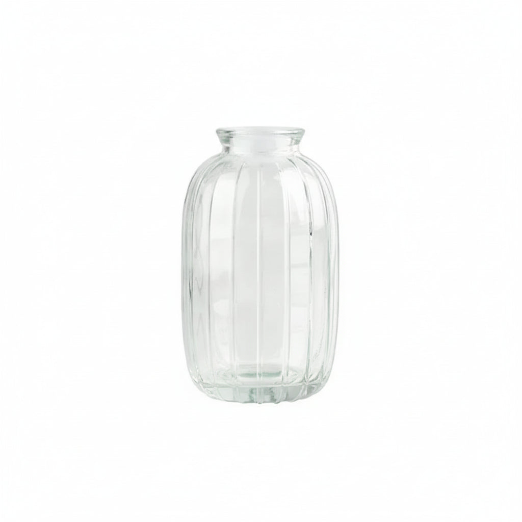Clear glass vase with dimensions labeled on a white background