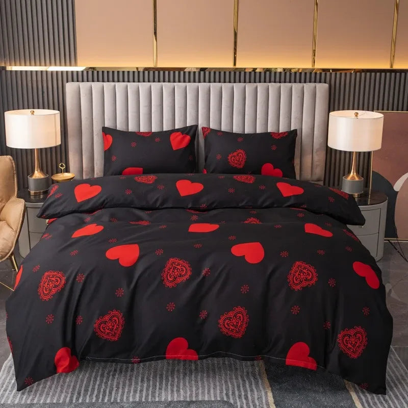 Black bedding set with red heart print and matching pillowcases