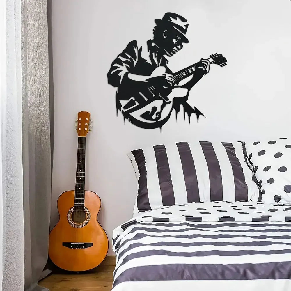 Black guitarist metal wall art with silhouette cut-out design, approx. 28cm x 28cm