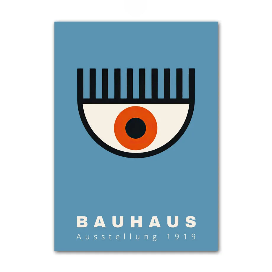 Bauhaus abstract eye design 1919 canvas print with blue background, modern geometric wall art.