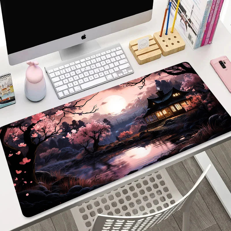 Wide desk mat with dark cherry blossom night scene, glowing Japanese house reflected in a moonlit river