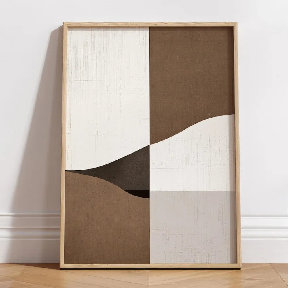 Abstract canvas print with curved brown, cream, beige, and dark brown forms in a balanced geometric composition