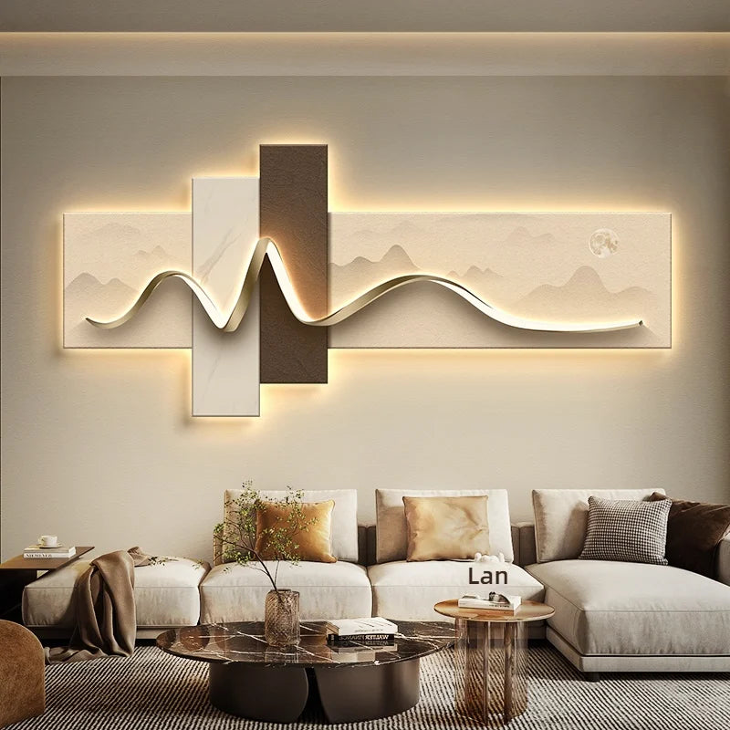 Modern living room with a large wall light art piece and a sofa.