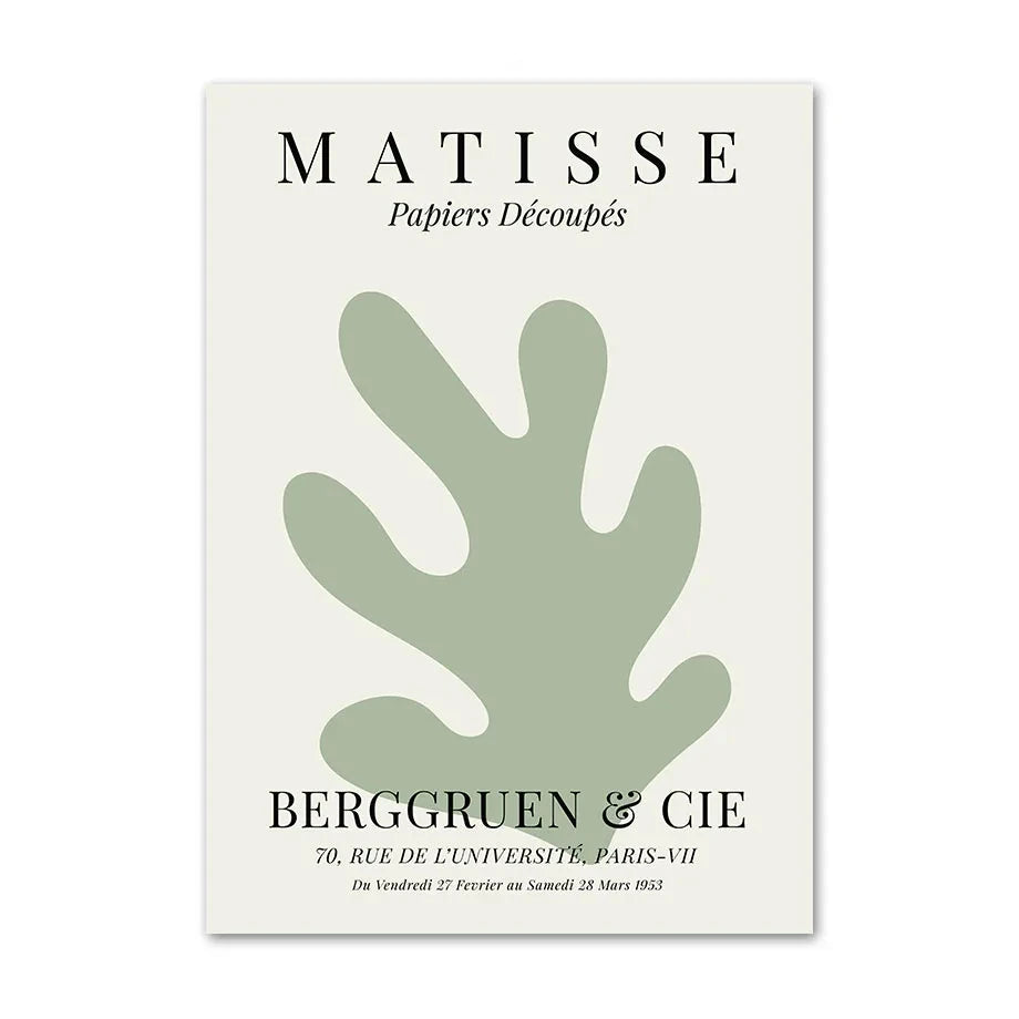 Matisse-style canvas print with pale green cutout leaf shape and French poster text.