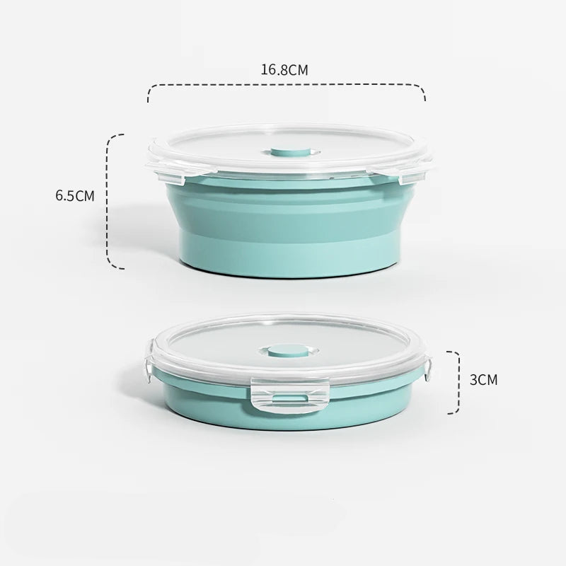 800ml Sky Blue: Sky blue round collapsible silicone food container with clear leakproof lid, shown expanded and folded