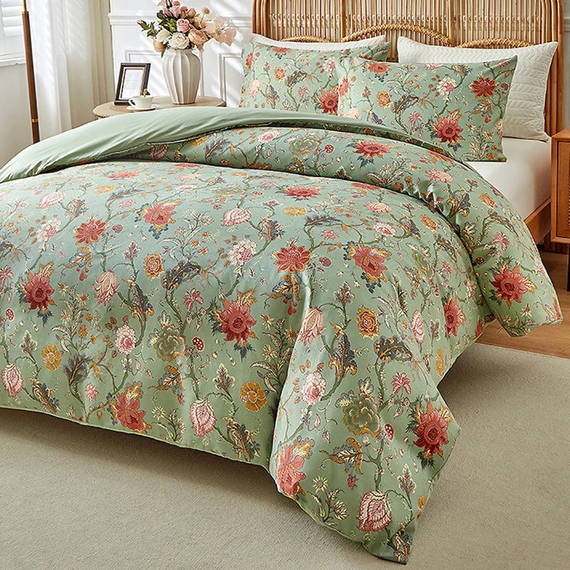Sage green duvet cover set with vintage floral garden print and matching pillowcases