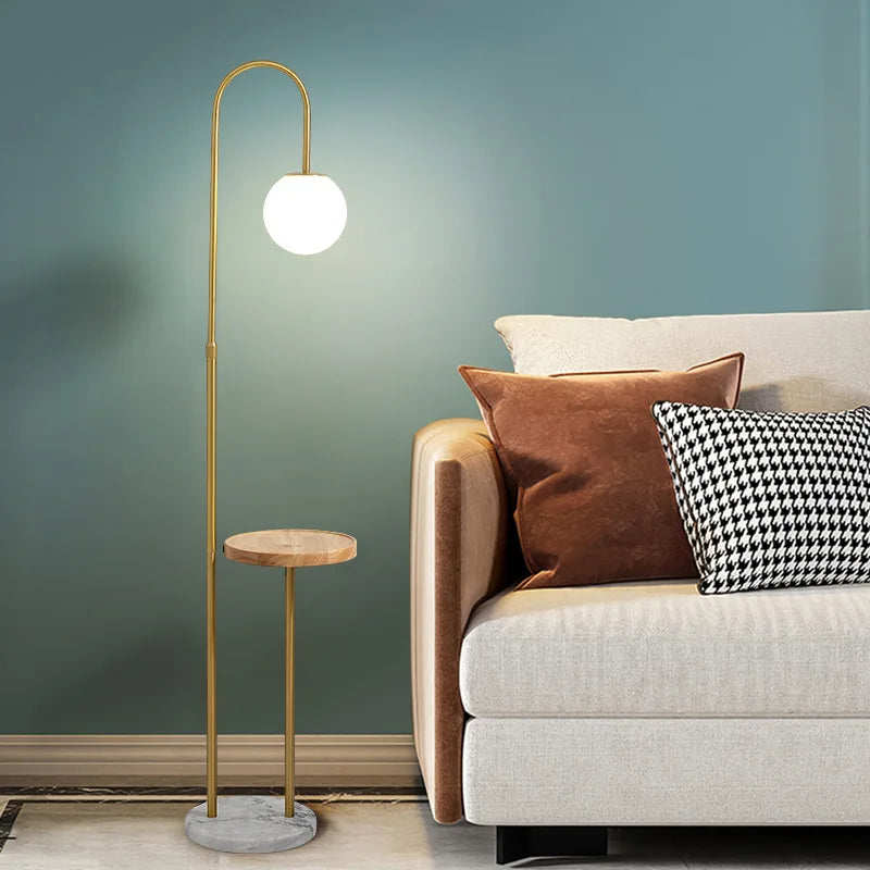 Modern living room with a floor lamp, sofa, and decorative pillows.