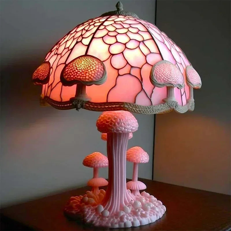 Pink-stained resin mushroom lamp with forest-style sculpted base