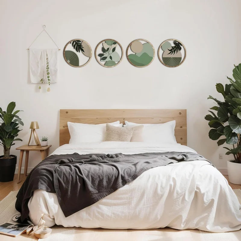 Bedroom with wooden headboard, white bedding, and decorative wall art.