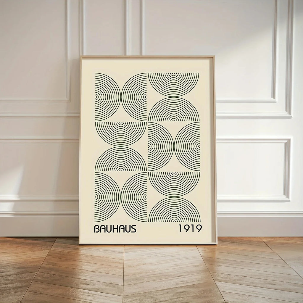 Bauhaus green layered arcs wall art print with the year 1919.