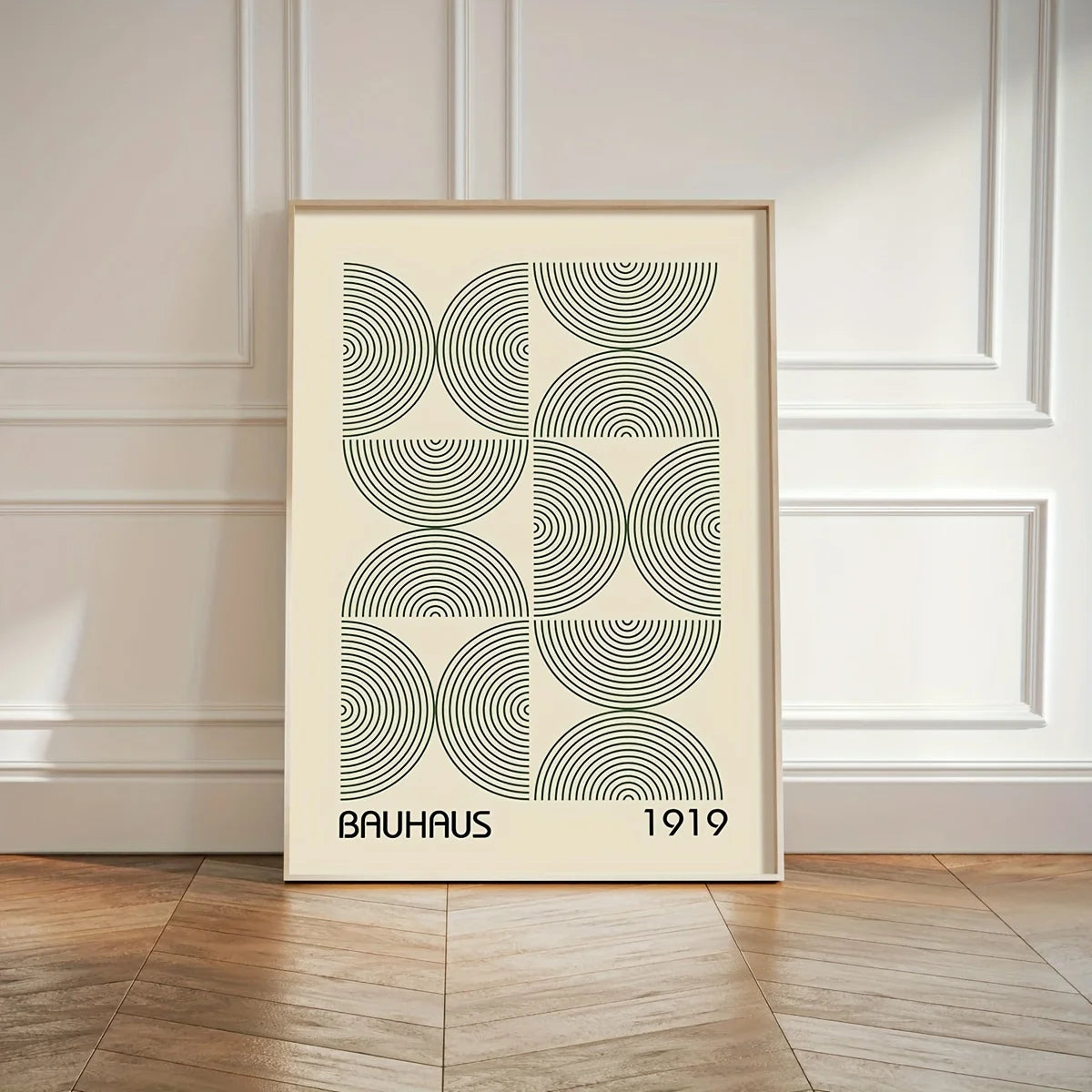 Bauhaus green layered arcs wall art print with the year 1919.