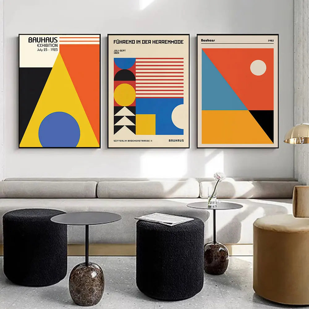 Modern living room with geometric posters on the wall
