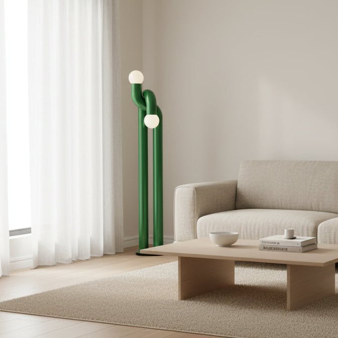 Green sculptural floor light fixture with glass globe shades, 185cm