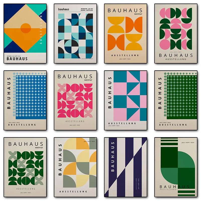 Collection of Bauhaus posters with geometric designs and text.