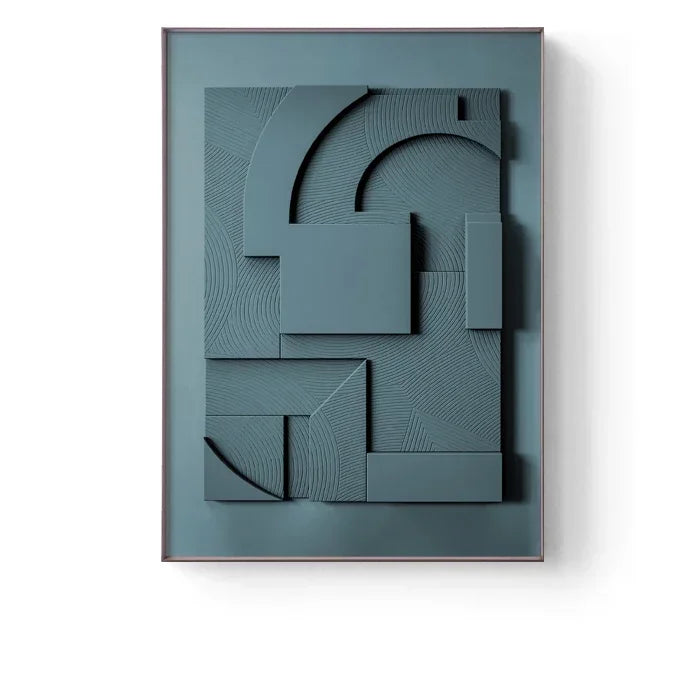 Abstract geometric wall art in a teal color on a white background