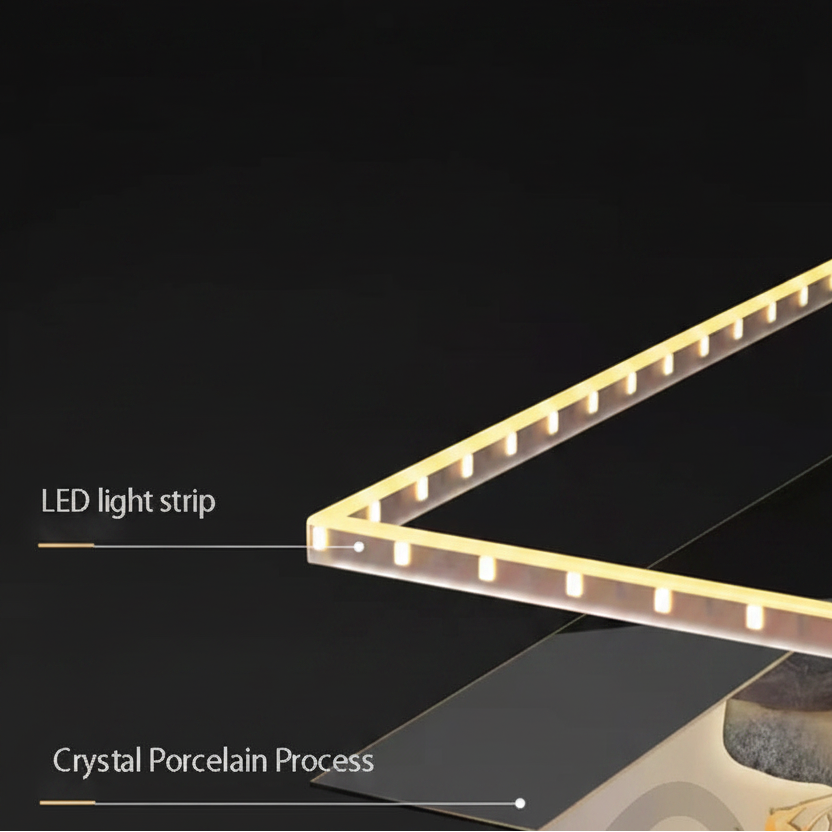 An illuminated LED light strip mounted on a transparent panel, shown against a dark background with overlaid text reading 'LED light strip' and 'Crystal Porcelain Process.'.