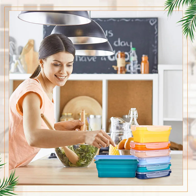 A woman is preparing food in a kitchen with colourful silicone food containers.