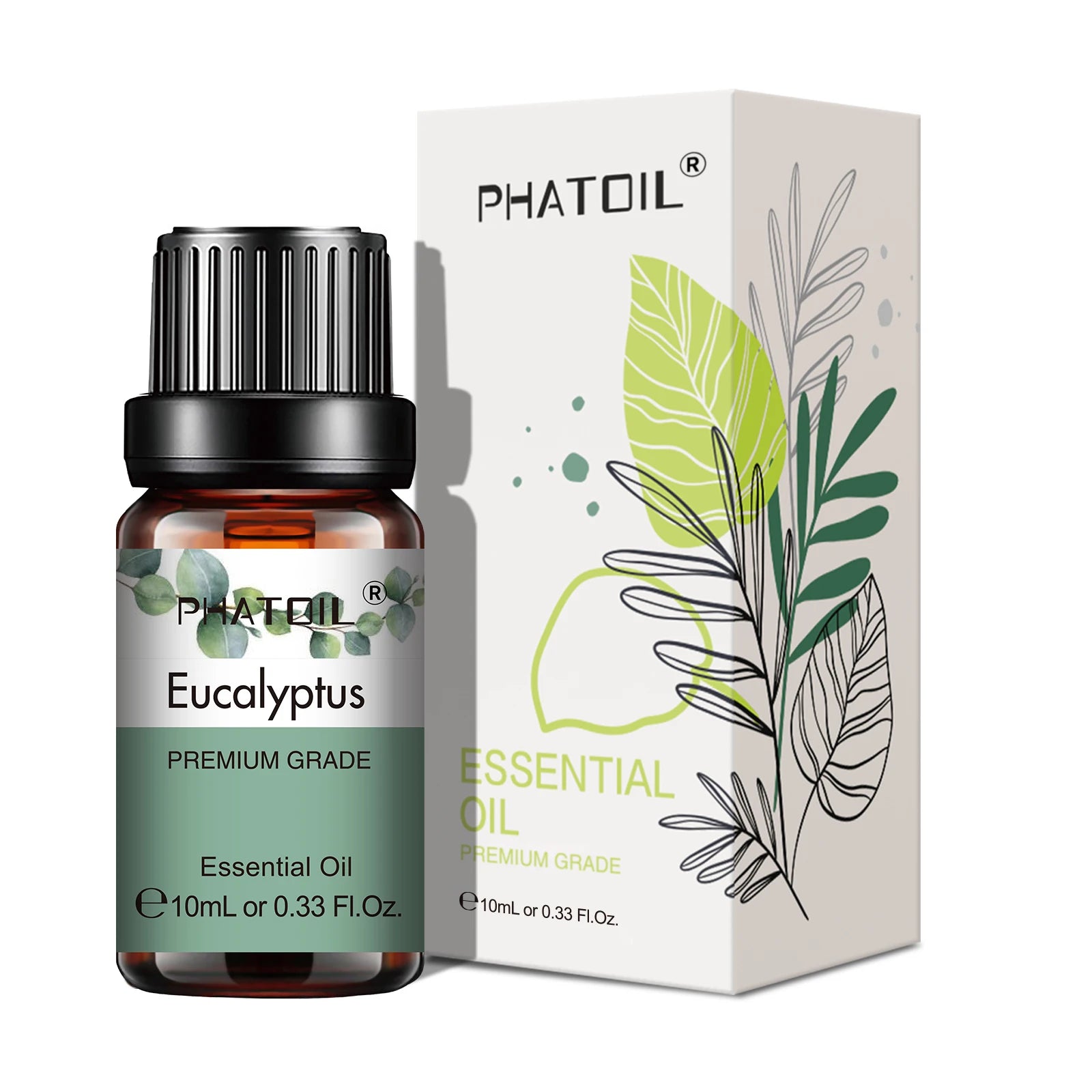 10ml bottle of Premium Grade Eucalyptus Essential Oil with green leaf design.