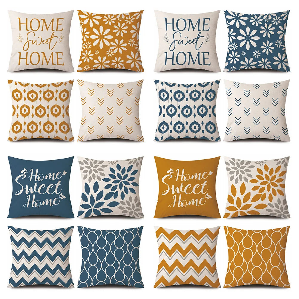 Collection of decorative cushion covers with various patterns and 'Home Sweet Home' text on a white background.