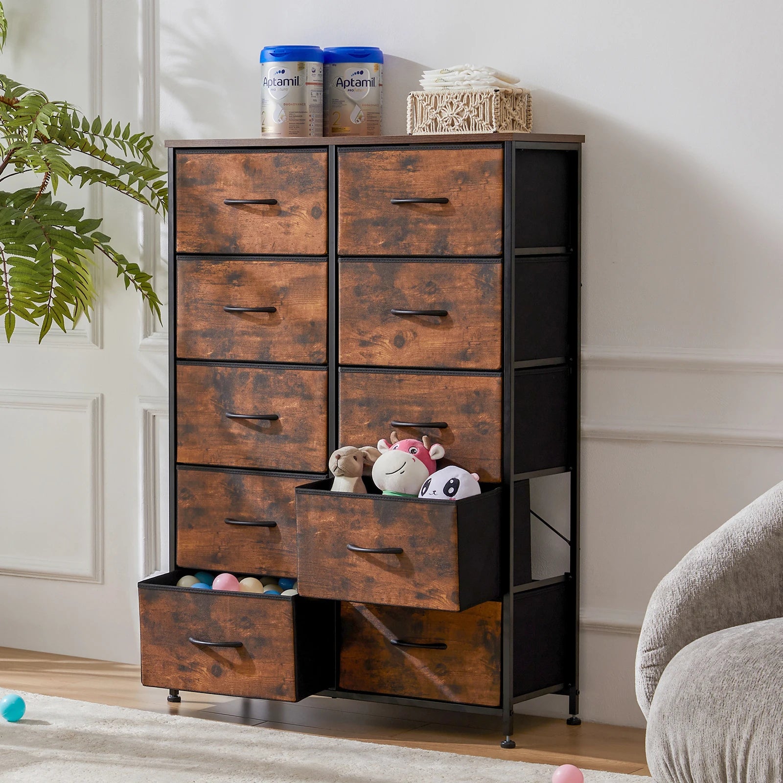 Wooden dresser with multiple drawers in a room setting