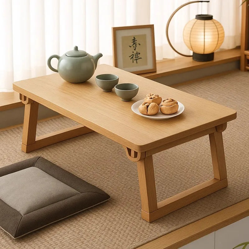 Natural wood folding table in 80 x 40 x 33cm size with a tea set and snacks by a window.