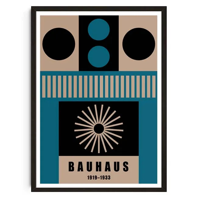 Bauhaus style poster with geometric shapes and text on a white background