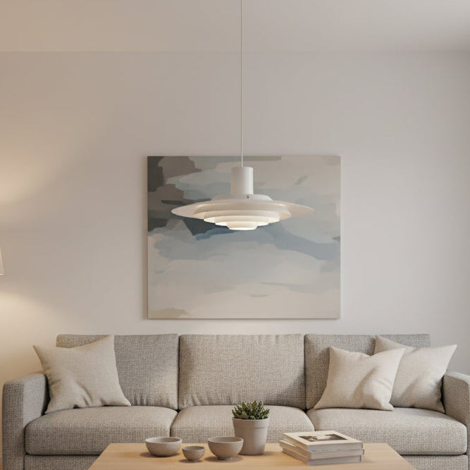 White aluminium pendant light with a 47cm layered shade and an adjustable ceiling cable