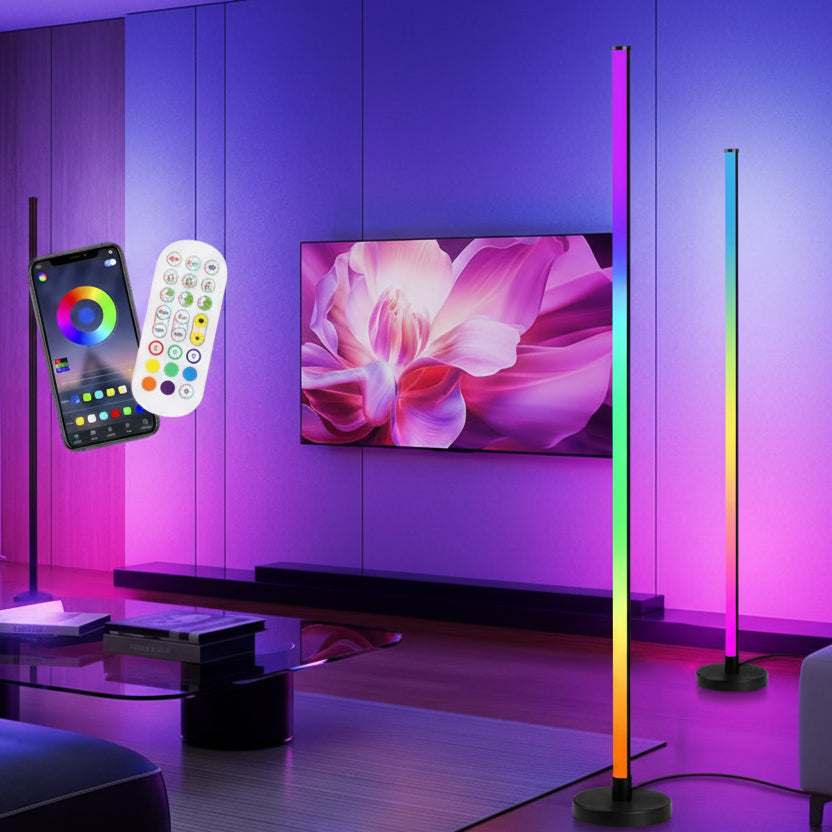 LED RGB floor lamp with smartphone app, remote control, and TV in a room setting.