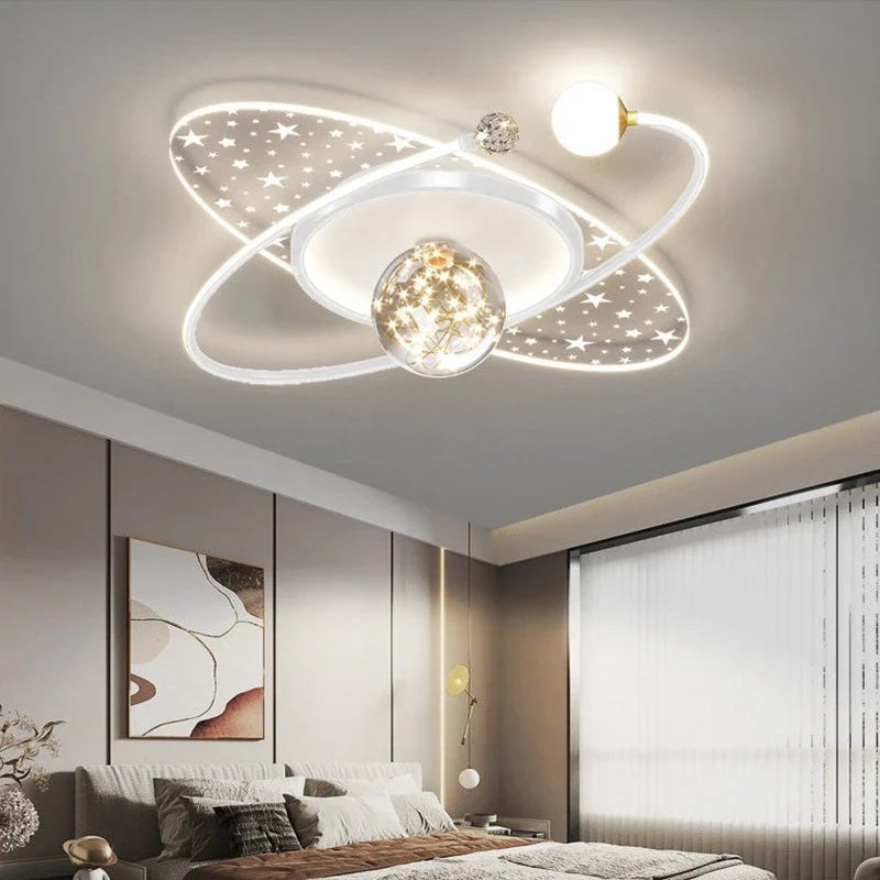 White elliptical planet LED ceiling light with star-cut acrylic panels and crystal accent, 60×60cm