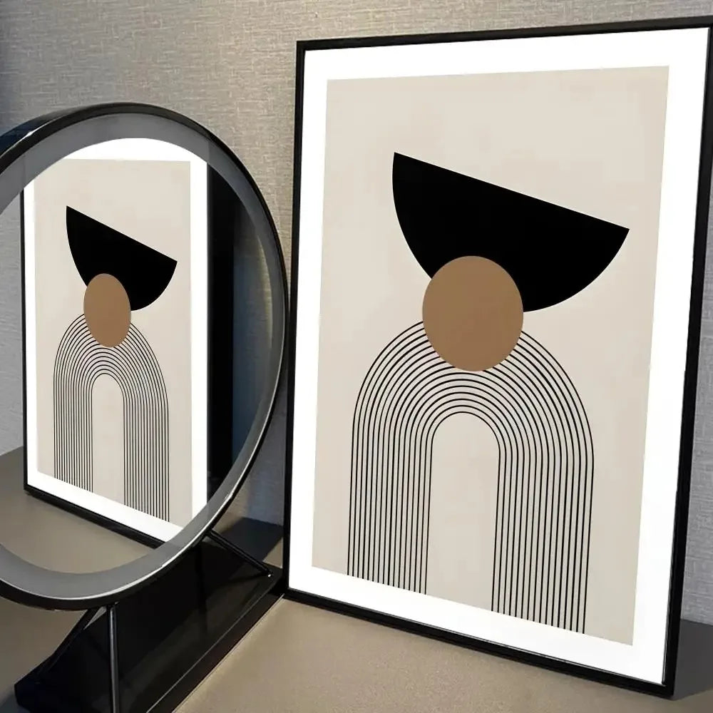 Contemporary geometric print with black arch lines and clay-toned circle on beige background
